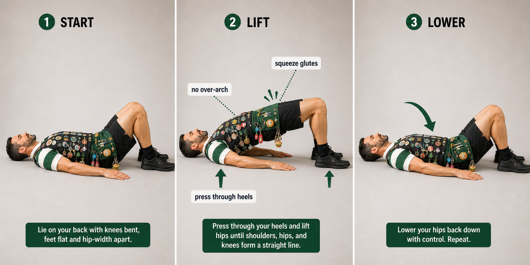 Three-panel glute bridge form illustration