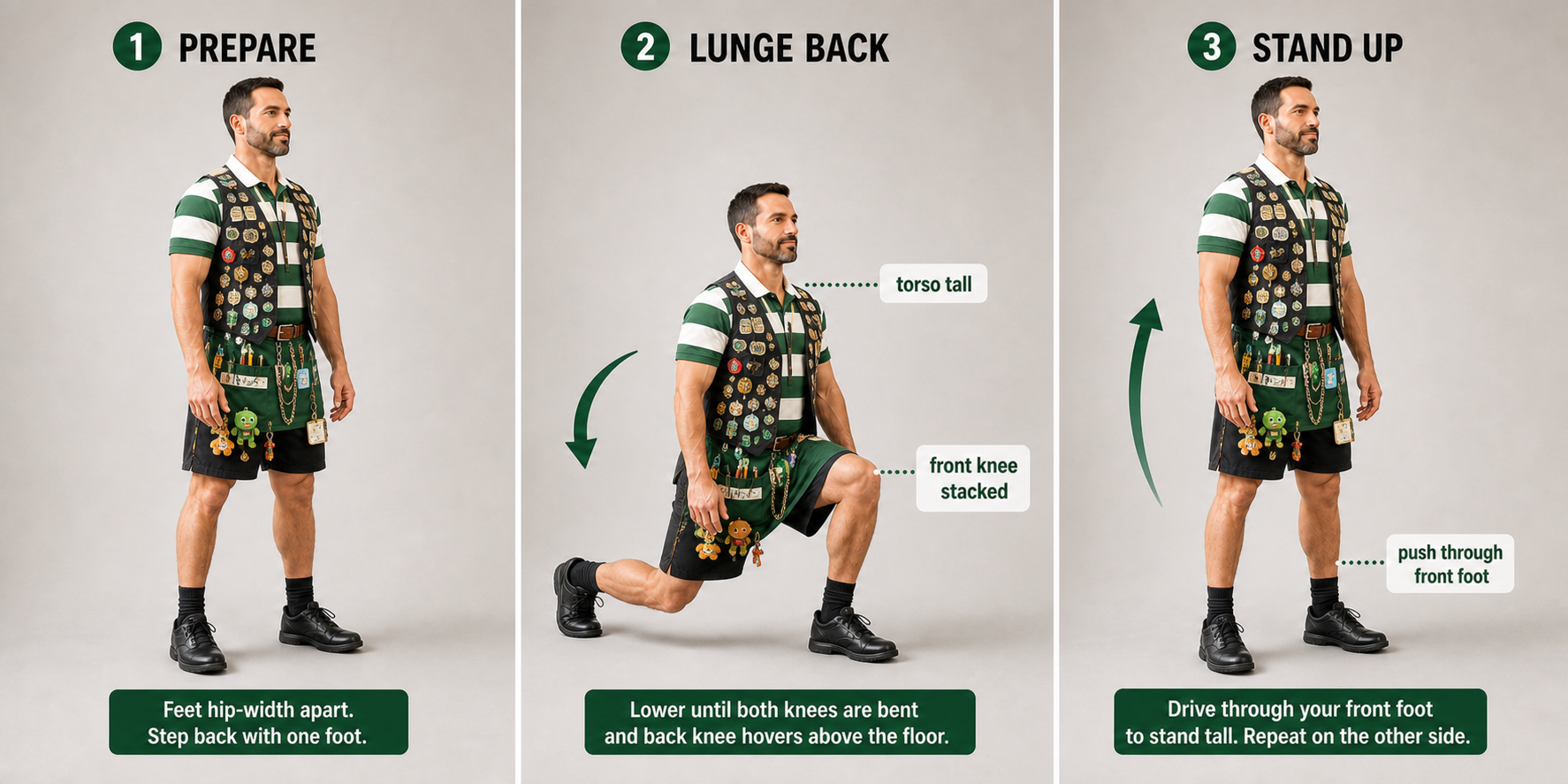 Three-panel reverse lunge form illustration