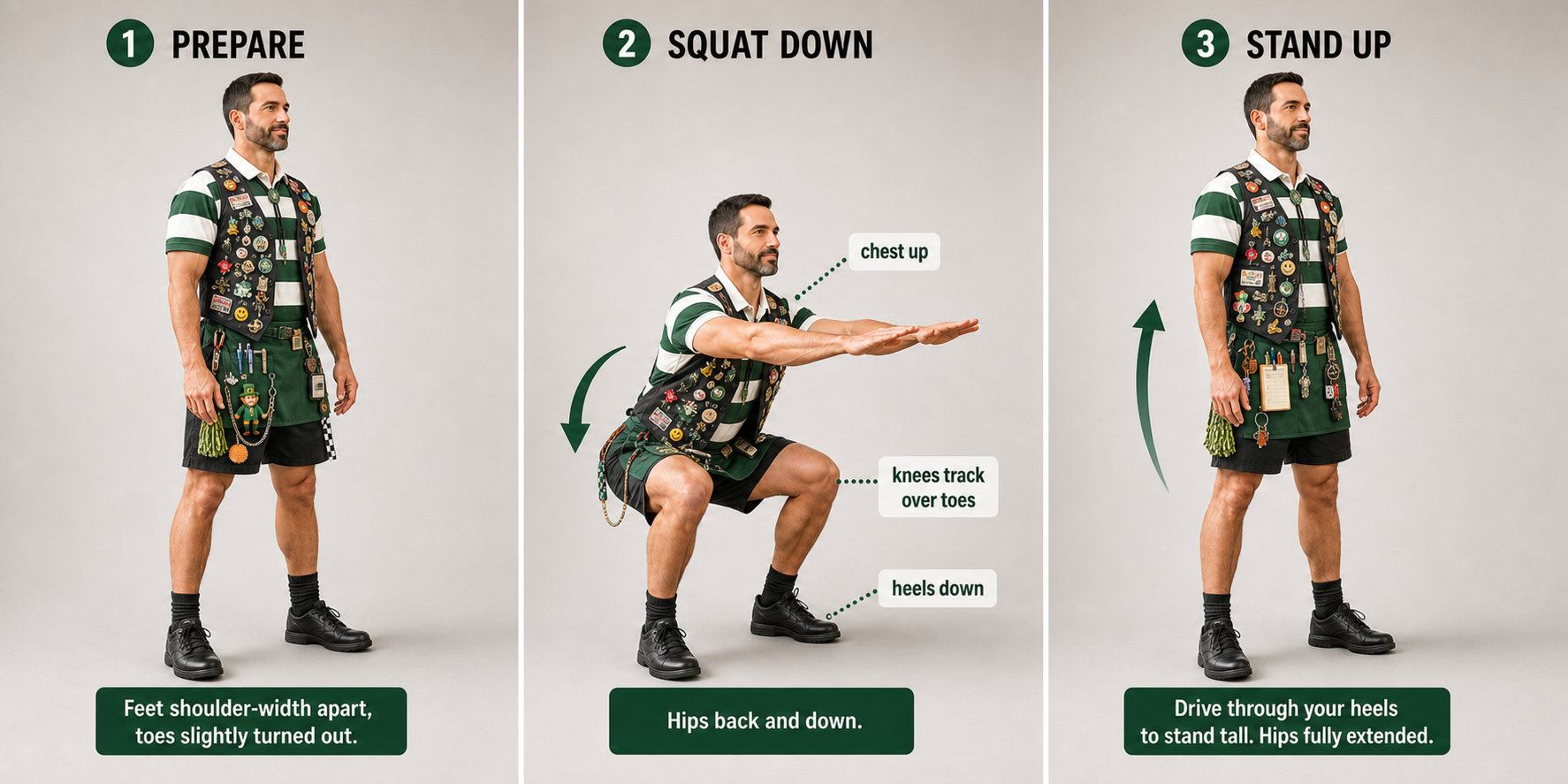 Three-panel squat form illustration